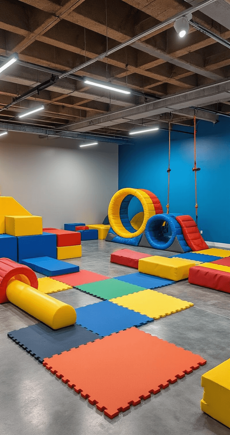 15 Fantastic Outdoor Games for Kids That'll Get Them Off Their Screens and Into the Sunshine A spacious modern basement recreation room featuring an indoor obstacle course with colorful foam blocks, tunnels, and climbing equipment on industrial concrete floors and a charcoal gray ceiling, highlighted by track lighting and a bold electric blue accent wall.