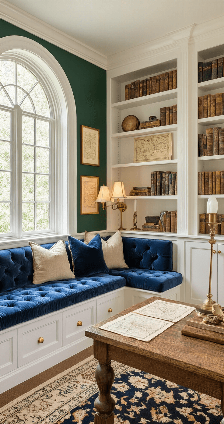 15 Fantastic Outdoor Games for Kids That'll Get Them Off Their Screens and Into the Sunshine An elegant children's library corner featuring built-in white oak bookshelves, a plush reading nook with navy velvet cushions, warm brass table lamps, vintage treasure maps on a rustic wooden table, and a rich emerald green accent wall, all bathed in golden afternoon light from arched windows.