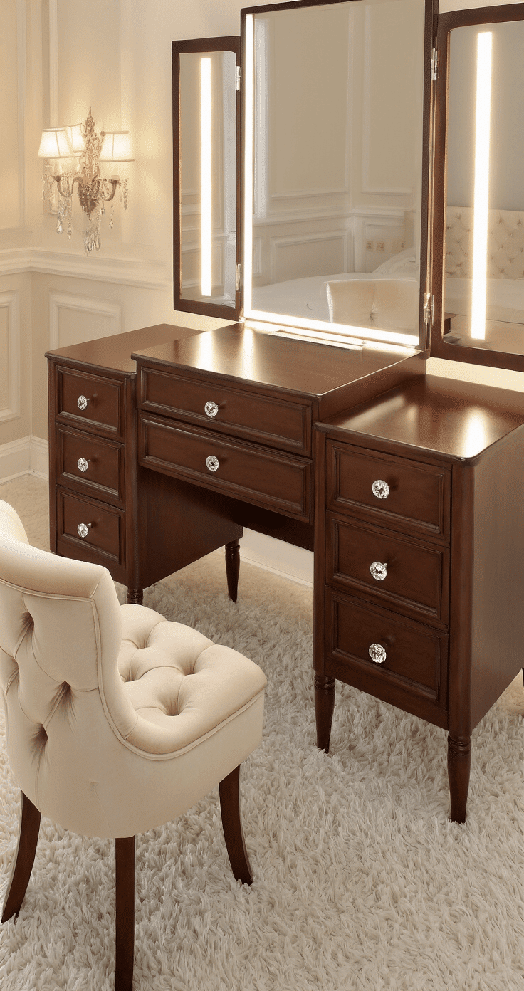 Luxurious 40-inch vanity in rich mahogany finish, featuring multiple storage zones and jewelry compartments, accompanied by a tufted champagne velvet chair. Crystal drawer pulls and adjustable brightness LED lighting create an elegant dressing room atmosphere with warm ambient light. Wide-angle shot highlights the spacious surface area and sophisticated design.