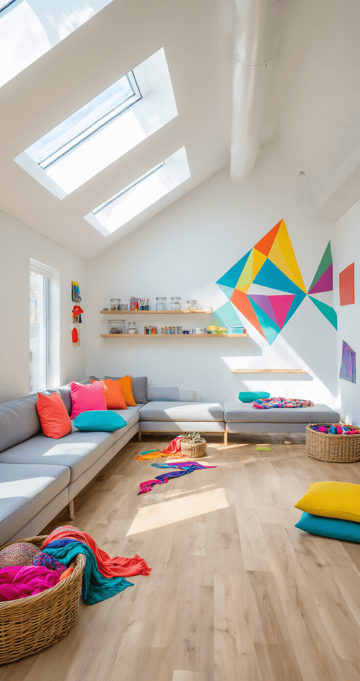 15 Fantastic Outdoor Games for Kids That'll Get Them Off Their Screens and Into the Sunshine Contemporary indoor activity space featuring light maple flooring and white walls adorned with a geometric rainbow mural. Creative movement props, colorful scarves, and ribbons are thoughtfully arranged in wicker baskets, while a modern gray sectional faces an open area flooded with natural light. Bright accent pillows in coral, turquoise, and yellow add cheerfulness, and floating shelves display art supplies in glass containers, creating an energetic and artistic atmosphere.