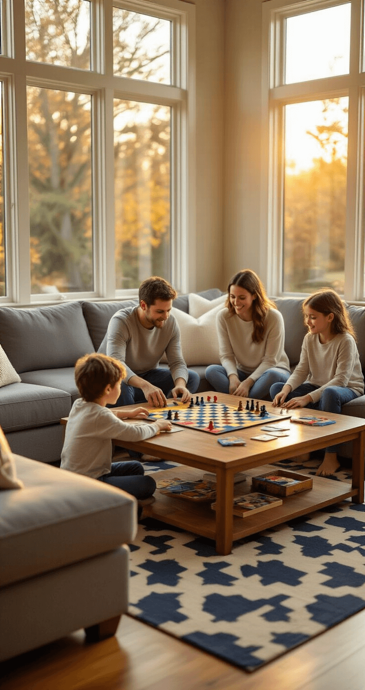 A warm, inviting modern living room during golden hour, featuring a family of four happily engaged in board games around a wooden coffee table, with sunlight streaming through large windows and a cozy atmosphere highlighted by plush furnishings and warm wood flooring.
