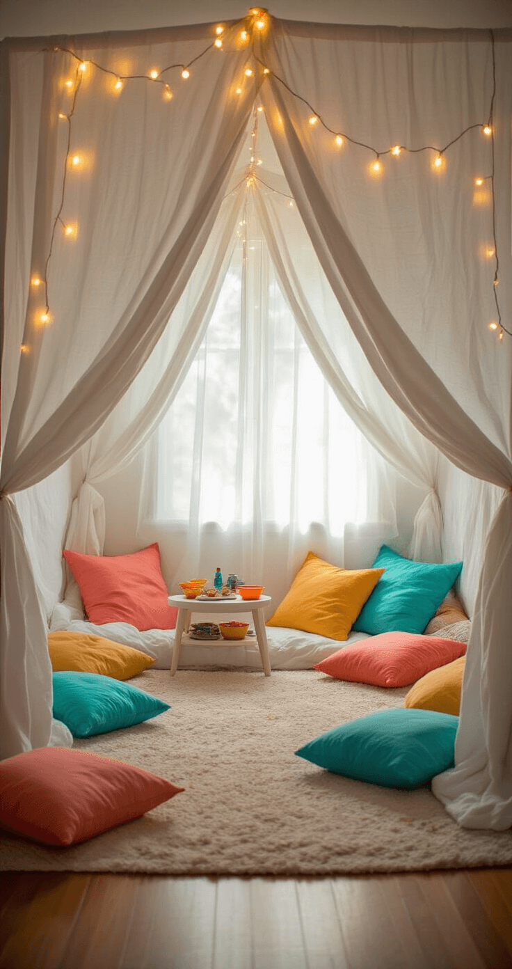 A child's bedroom transformed into a blanket fort, with bright natural light filtering through sheer curtains, illuminating draped white sheets and colorful throw pillows on the hardwood floor. The view from inside the fort captures string lights weaving through the fabric walls, creating a magical atmosphere, with a small side table holding flashlights and snack bowls.