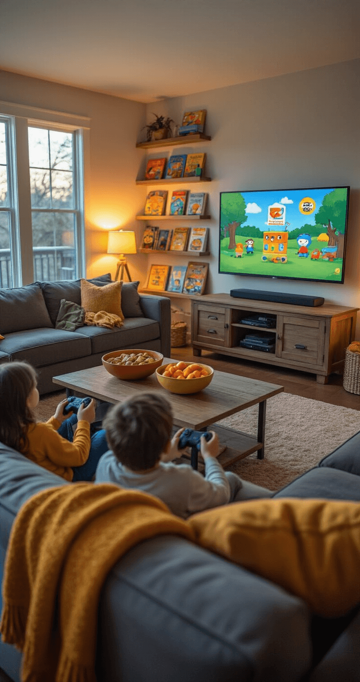 Wide shot of a cozy family room in evening light, featuring a gray sectional couch facing a wall-mounted TV with PBS Kids games. Children are engaged with wireless controllers, surrounded by soft throw blankets, healthy snacks on a wooden coffee table, and colorful children's books in built-in shelves.