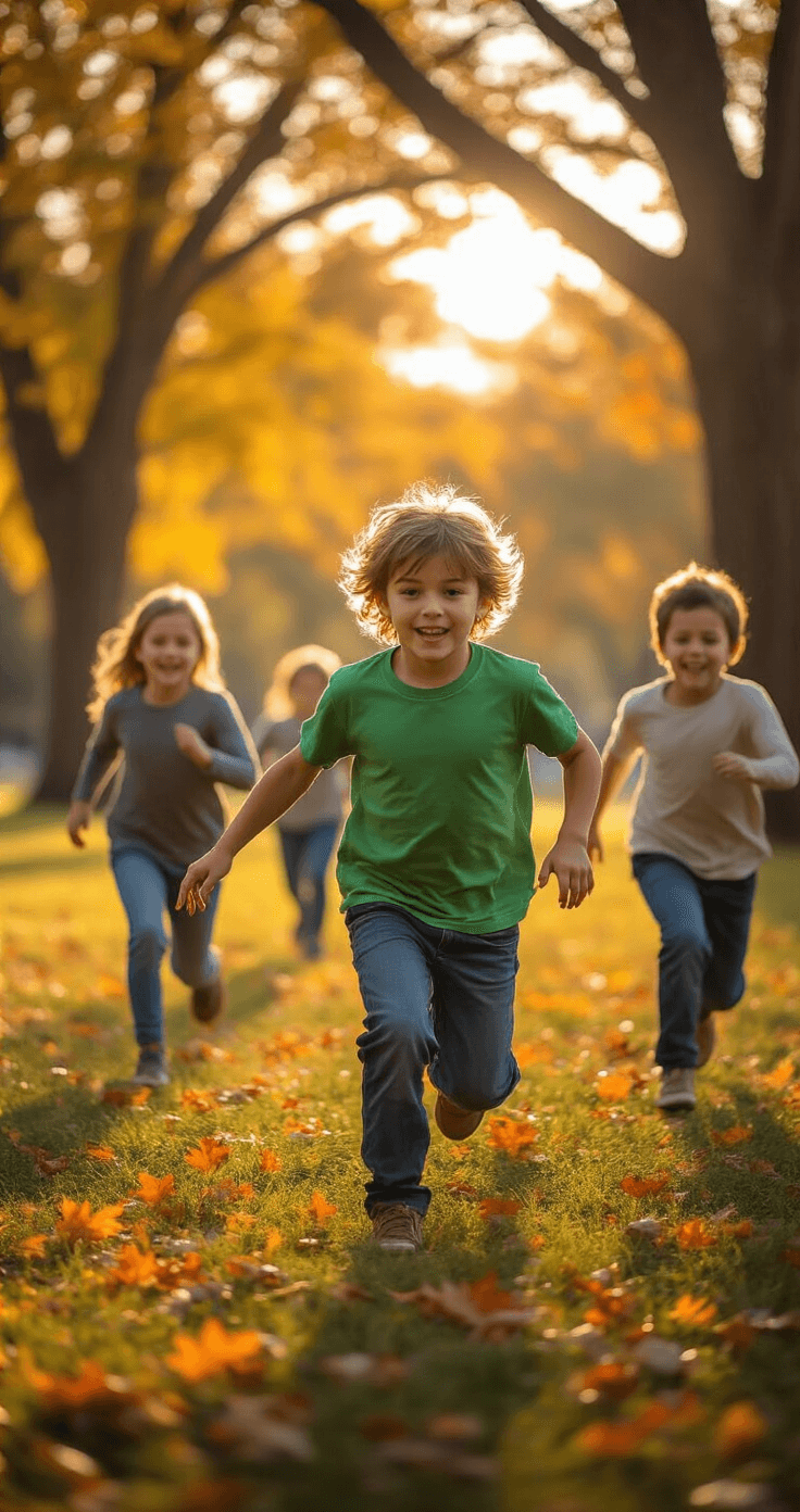 Children playing freeze tag in a park during golden hour, with dappled sunlight illuminating a frozen child in a bright green t-shirt and others joyfully running among fallen autumn leaves. Large oak trees frame the scene, captured from a low perspective to emphasize the dynamic action and warmth of childhood play.