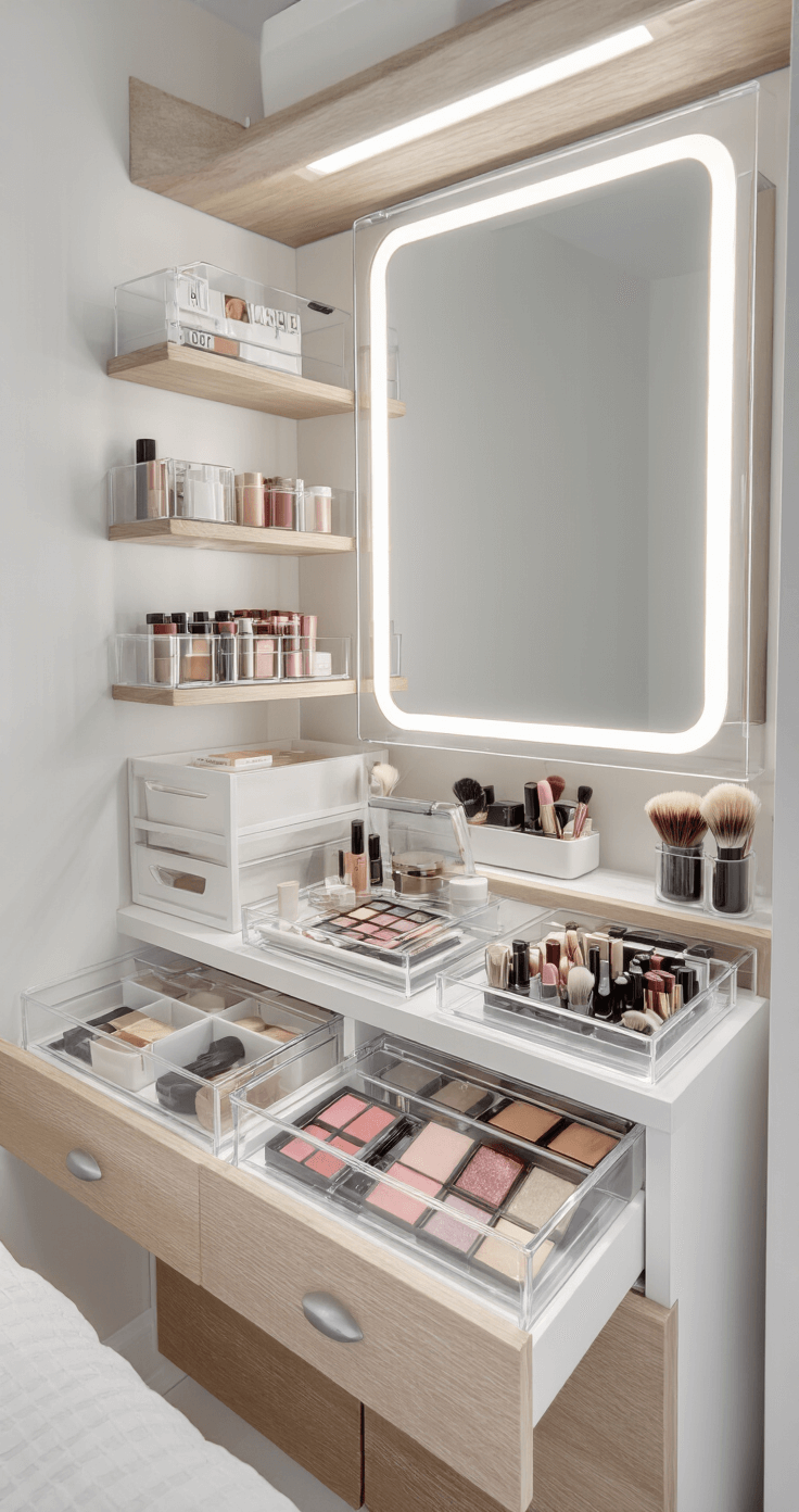 A compact bedroom featuring a small space vanity with clever storage, including clear acrylic organizers in shallow drawers, brush holders, and lipstick displays, all illuminated by bright daylight balanced LED lighting. The Scandinavian-inspired design showcases a white oak finish with clean lines, viewed from an overhead angle to highlight the organized product layout.
