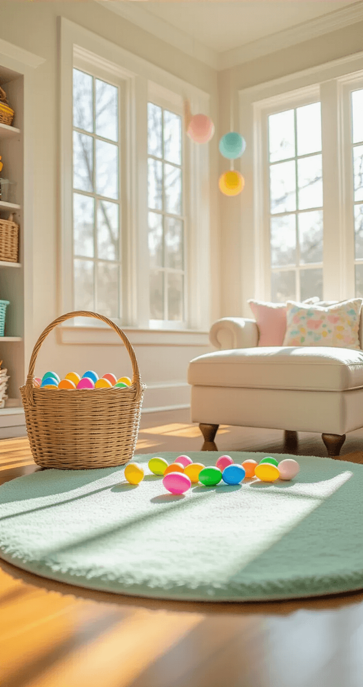 Interior of a vibrant playroom decorated for Easter, featuring scattered colorful plastic eggs on hardwood floors, a large basket of rainbow eggs on an ottoman, pastel decorations hanging from ceiling beams, and a soft mint green area rug, all illuminated by warm afternoon sunlight.