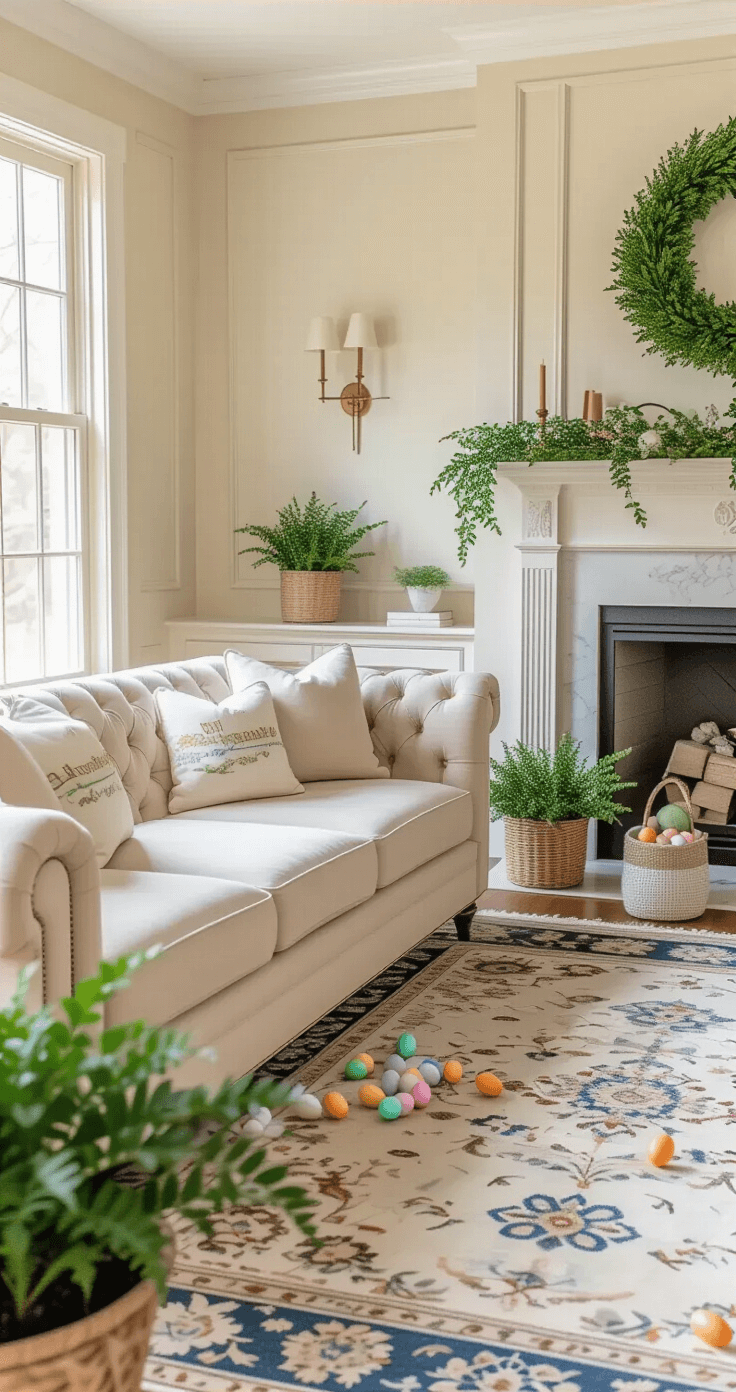 Elegant living room featuring a beige sectional and marble fireplace, decorated for an Easter egg hunt with plastic eggs peeking from pillows and plants, bathed in golden hour light.