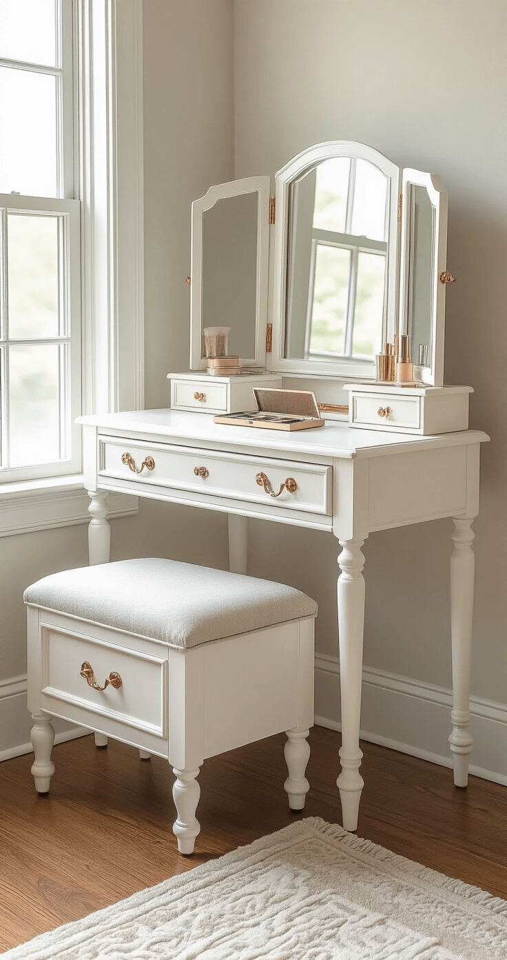 Vintage-inspired makeup desk with brass hardware, illuminated by soft morning light from a nearby window. Features a cushioned storage bench with a hidden compartment and an antique-style tri-fold mirror upgraded with modern LED lights, all presented in a classic white finish with decorative molding. Side angle showcasing both functionality and elegant traditional styling in a master bedroom corner.