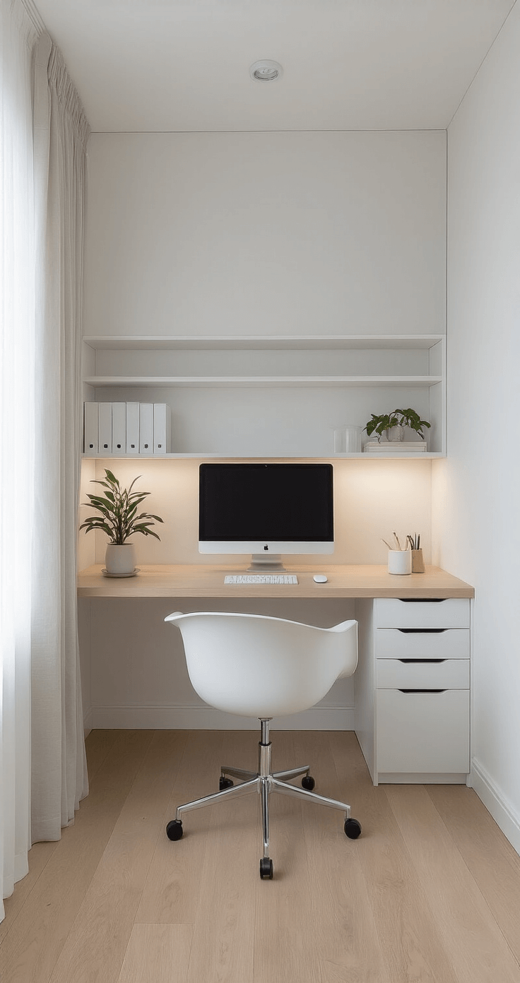 Transform Your Workspace: The Most Popular Desk Ideas Taking 2025 by Storm Bright Scandinavian home office featuring light maple hardwood floors, diffused morning light through sheer white curtains, and a built-in desk with seamless floor-to-ceiling storage; clean white surfaces, hidden cable management, and a floating monitor shelf. A single statement plant and minimal pale wood desk accessories complement the white ergonomic chair, all captured in a straight-on architectural shot that highlights the serene, organized, and timeless atmosphere with a palette of pure whites, pale woods, and soft grays.
