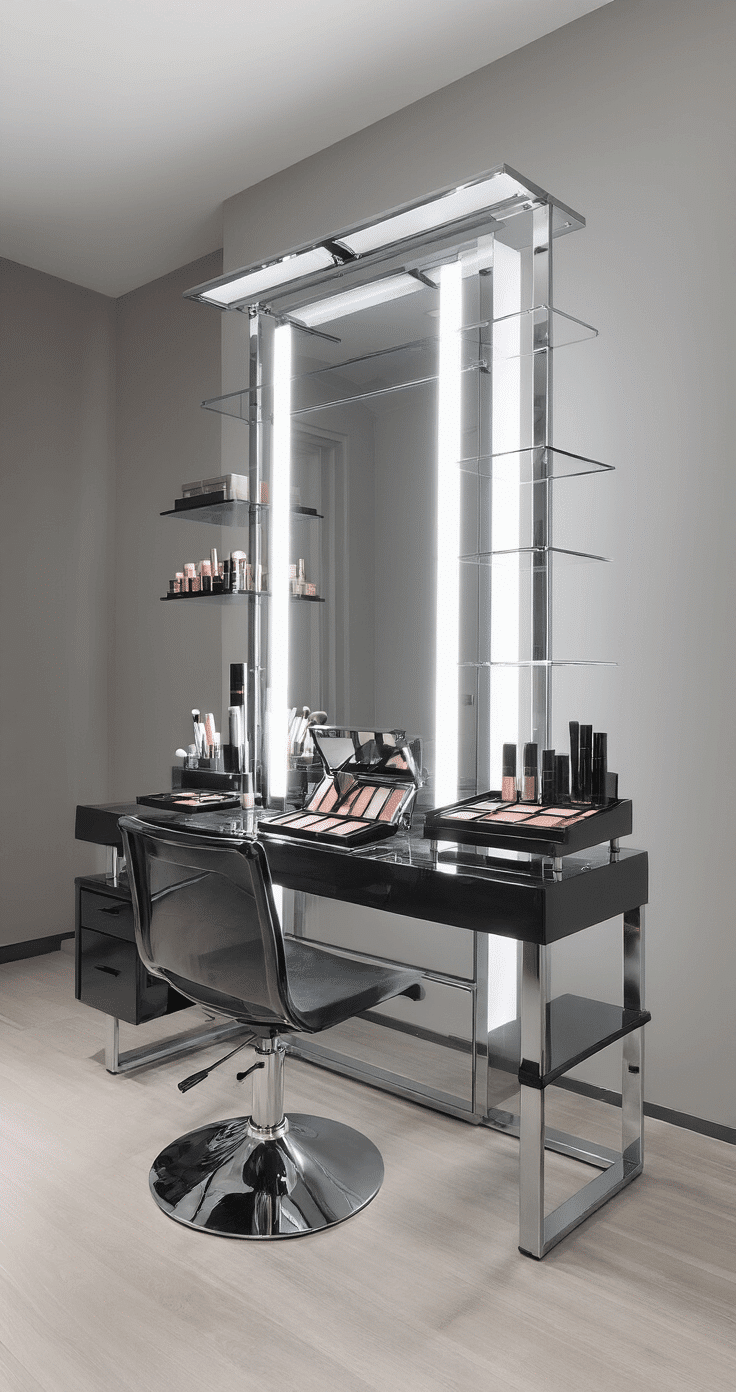 Contemporary glass-top vanity with chrome frame in a walk-in closet, featuring professional makeup artist lighting, adjustable brightness, organized beauty product stations, sleek black acrylic organizers, and a modern swivel chair, all showcasing a clean, minimalist aesthetic.