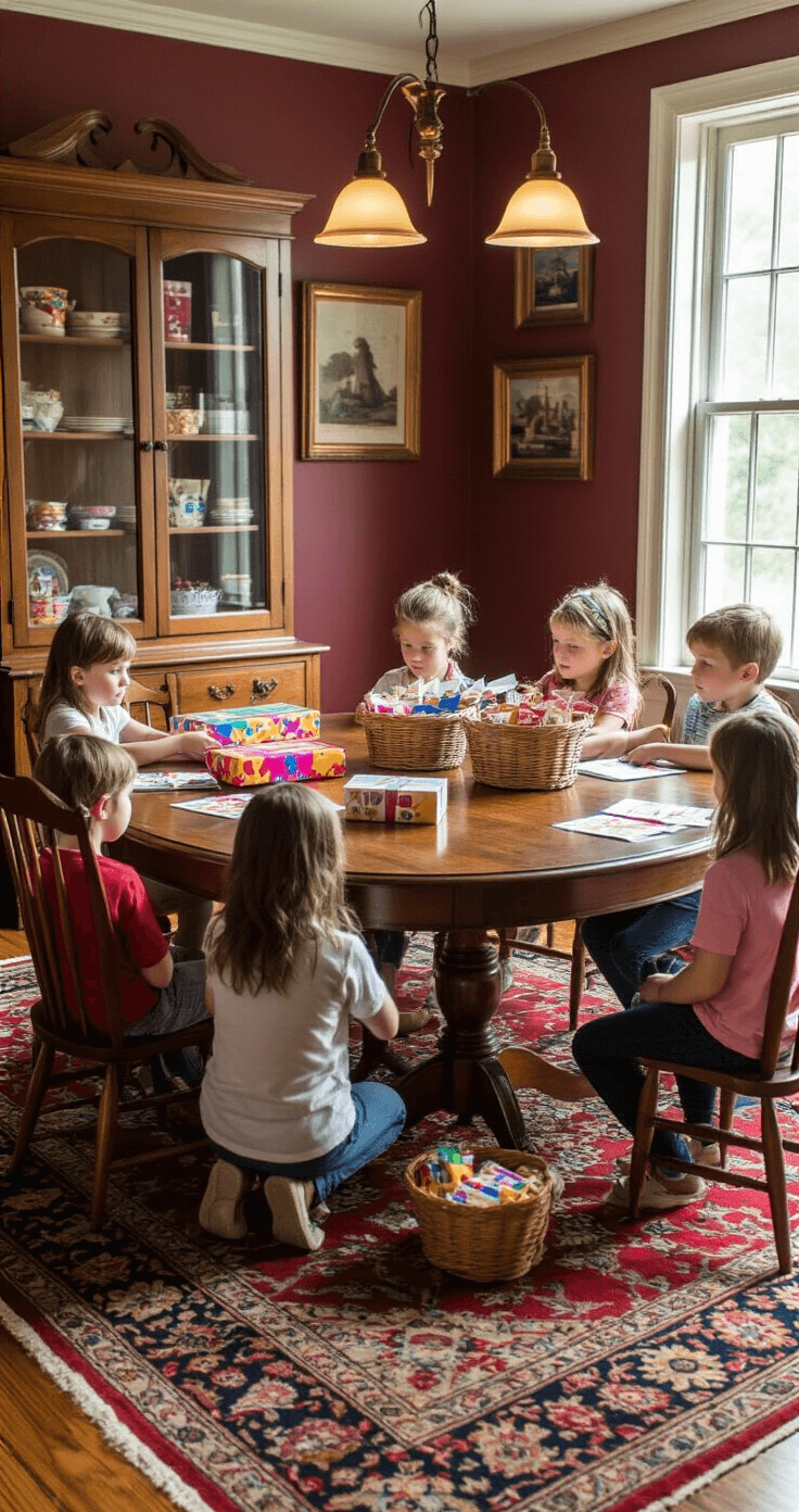 An elegant dining room transformed into a game headquarters, showcasing children seated in a circle on a Persian rug, eagerly passing a brightly wrapped parcel. The antique wooden table against the wall displays neatly organized game supplies, with warm pendant lighting enhancing the cozy atmosphere created by rich burgundy walls.