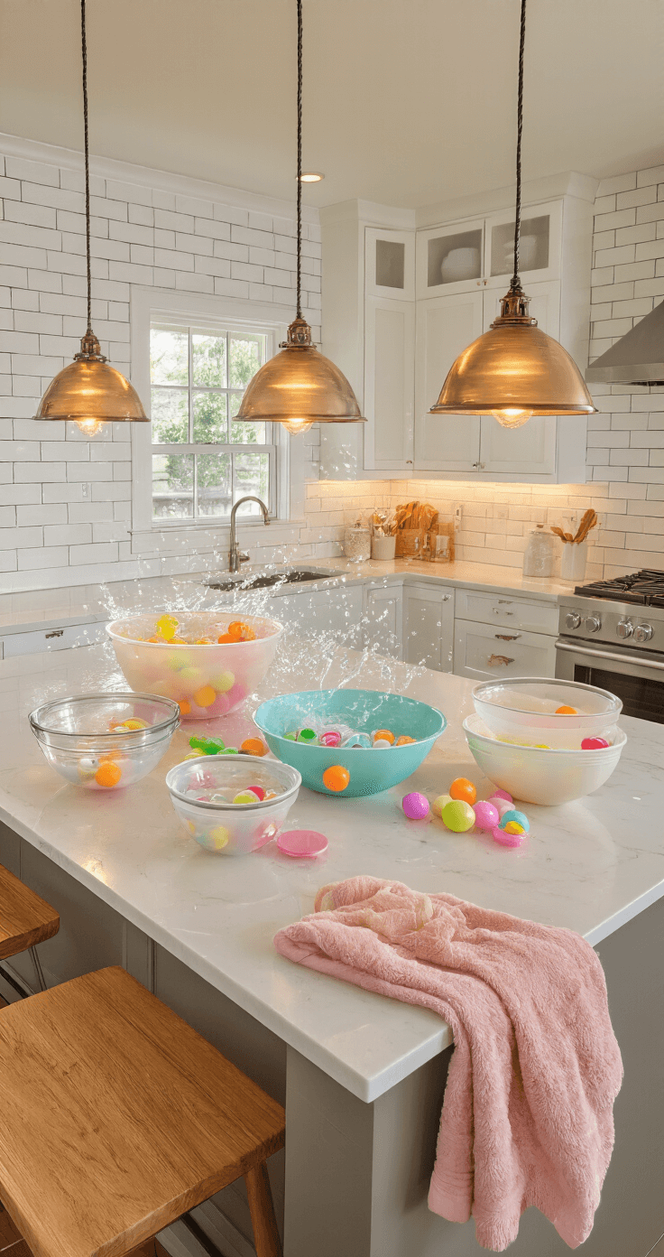 A bright, spacious kitchen features a quartz island with water-filled bowls and colorful pacifiers floating inside, complemented by a white subway tile backsplash and warm pendant lighting. Blush pink hand towels are draped nearby, with natural oak bar stools and hardwood floors enhancing the playful ambiance. The overhead shot captures dynamic splashing action under bright LED lighting.