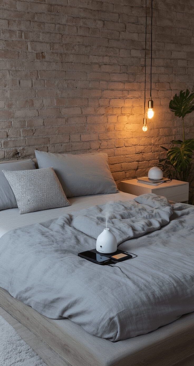 My Top 15 Cute Games to Download That'll Make Your Heart Melt (And Save Your Sanity) A serene minimalist bedroom at dusk featuring a platform bed with soft gray linen bedding, a bedside table with a charging station, an essential oil diffuser, and a brass-accented reading lamp. The room has an exposed brick accent wall, pendant lighting, and indoor plants, all bathed in calming twilight lighting.