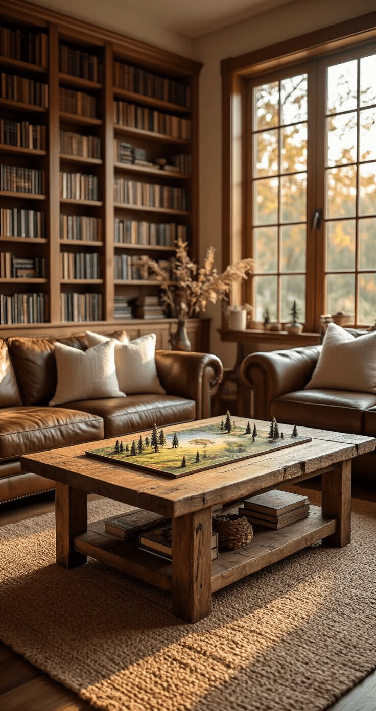 Transform Your Living Space Into a Board Game Paradise: The Ultimate Guide to Gaming Aesthetics and Home Decor A cozy living room bathed in golden hour light, featuring a rustic wooden coffee table with an open Everdell board game, a rich brown leather sofa, cream throw pillows, built-in wooden bookshelves filled with board games, and a textured jute rug.