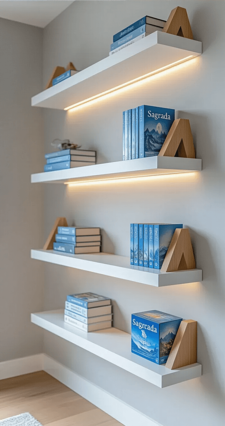 Transform Your Living Space Into a Board Game Paradise: The Ultimate Guide to Gaming Aesthetics and Home Decor Close-up of modern minimalist white shelves on a light gray wall displaying Azul and Sagrada games with blue and white packaging, accented by subtle LED strip lighting and geometric wooden bookends, in a Scandinavian-inspired room with white oak floors and natural light.