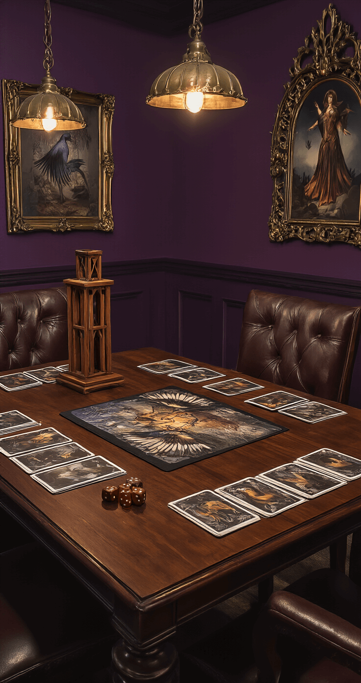 Transform Your Living Space Into a Board Game Paradise: The Ultimate Guide to Gaming Aesthetics and Home Decor Dramatic dining room featuring a dark walnut table with a partially set-up Wingspan game, surrounded by vintage leather chairs. Rich jewel tones and gothic-inspired elements enhance the ambience, with a deep purple accent wall and brass pendant lights casting warm pools of light. Ornate picture frames display game artwork on the walls, creating a sophisticated and inviting atmosphere for game night.