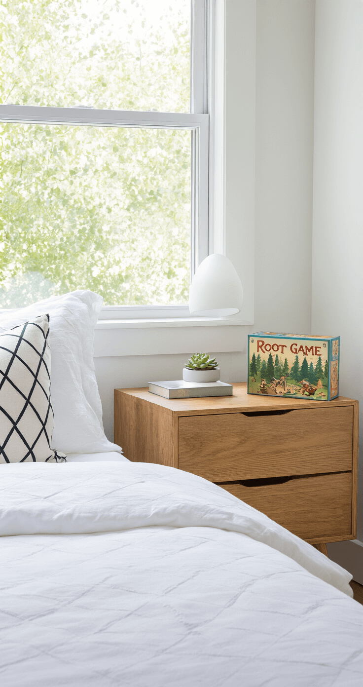 Transform Your Living Space Into a Board Game Paradise: The Ultimate Guide to Gaming Aesthetics and Home Decor Bright contemporary bedroom featuring a natural wood nightstand styled with a Root board game box, a small succulent, and a modern lamp, complemented by crisp white bedding and a geometric throw pillow, bathed in soft morning light from a large window.