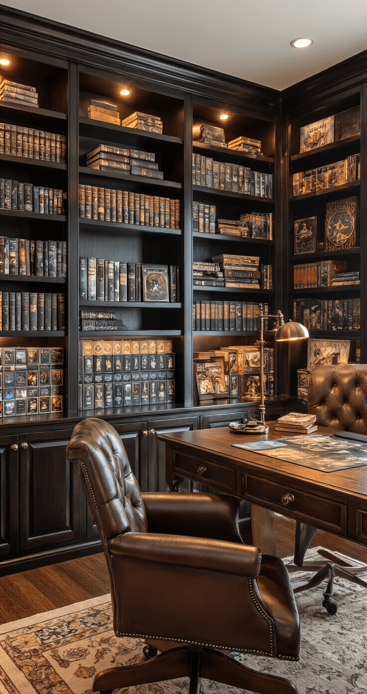 Transform Your Living Space Into a Board Game Paradise: The Ultimate Guide to Gaming Aesthetics and Home Decor A well-organized home office library wall featuring dark wood built-ins filled with books and premium board games like Gloomhaven and Arkham Horror, complemented by a leather desk chair and mahogany desk, illuminated by warm desk lamp and overhead lights, evoking an atmosphere of intellectual achievement and strategic thinking.