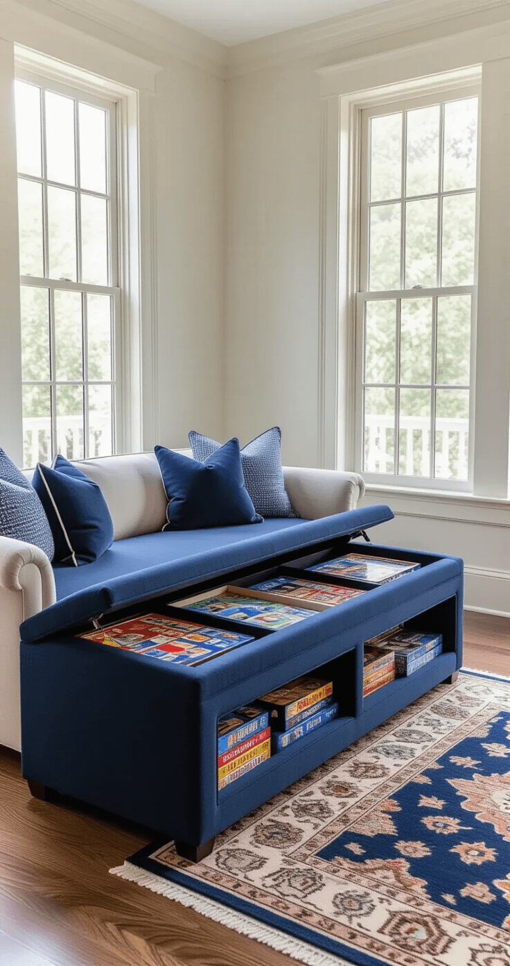 Transform Your Living Space Into a Board Game Paradise: The Ultimate Guide to Gaming Aesthetics and Home Decor Elegant living space showcasing a navy blue upholstered ottoman bench that conceals a board game collection, featuring organized interior compartments. Nearby seating adorned with coordinating throw pillows, all set on hardwood floors with a Persian area rug, illuminated by natural afternoon light. Classical crown molding adds a touch of luxury. Low-angle view emphasizes the functionality and style of the furniture.