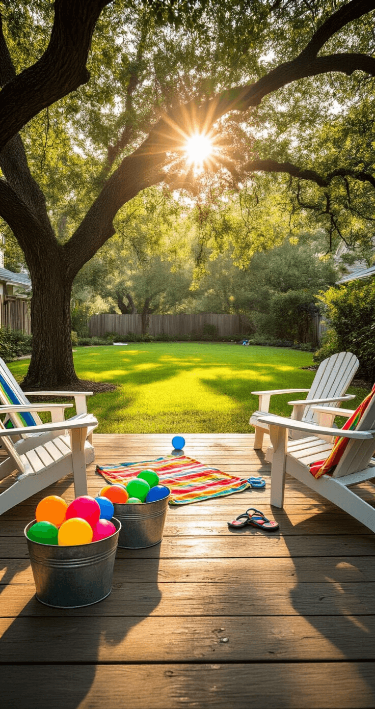 15 Epic Water Games for Kids That'll Make Your Summer Legendary (No Pool Required!) Wide-angle view of a sunlit suburban backyard featuring mature oak trees, a weathered wooden deck adorned with colorful water balloons in galvanized buckets, and rainbow-striped beach towels on white Adirondack chairs. The emerald grass sparkles with water droplets, while children's flip-flops and goggles are scattered on a stone pathway, all captured in warm, golden hour lighting.