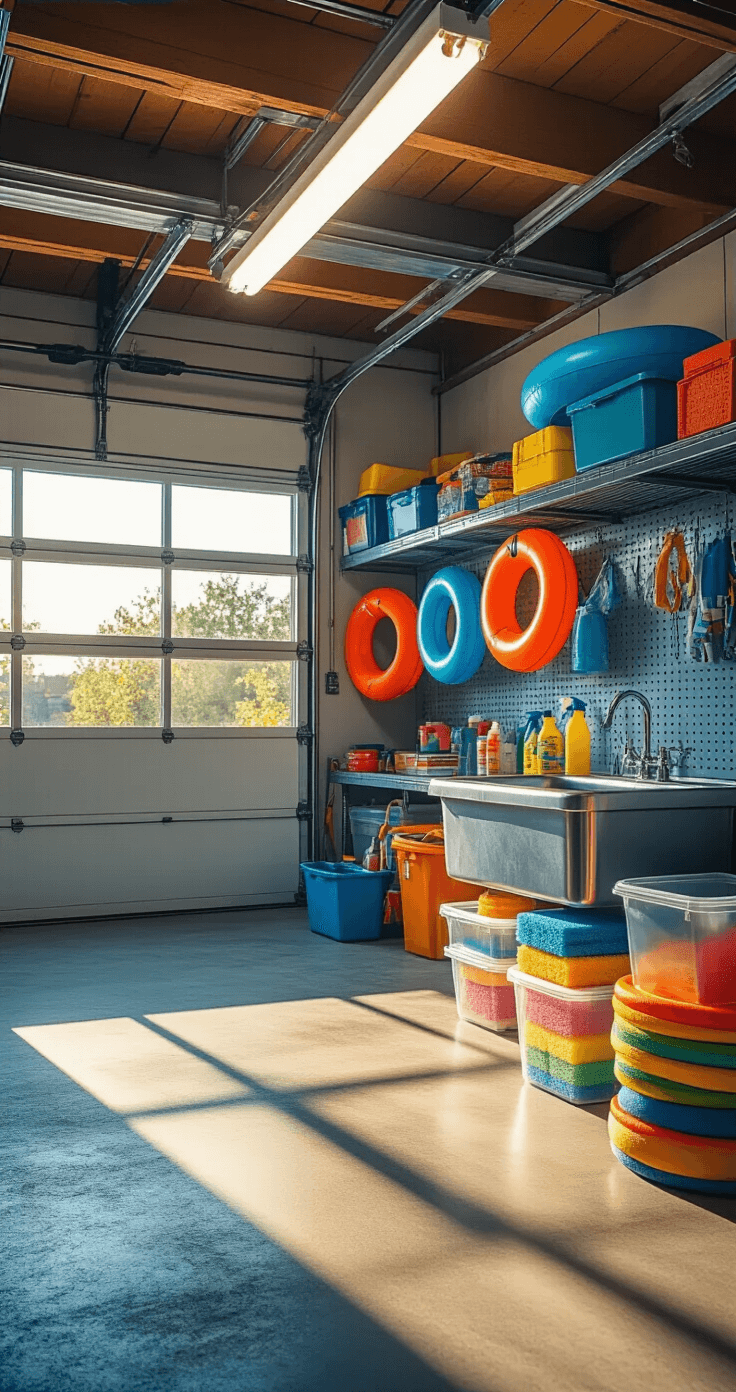 15 Epic Water Games for Kids That'll Make Your Summer Legendary (No Pool Required!) Close-up of a bright garage interior featuring organized storage with clear plastic bins of sponges, lined spray bottles, deflated pool floats on pegboard, and a chrome utility sink with running water, illuminated by fluorescent lights and warm afternoon sunlight.