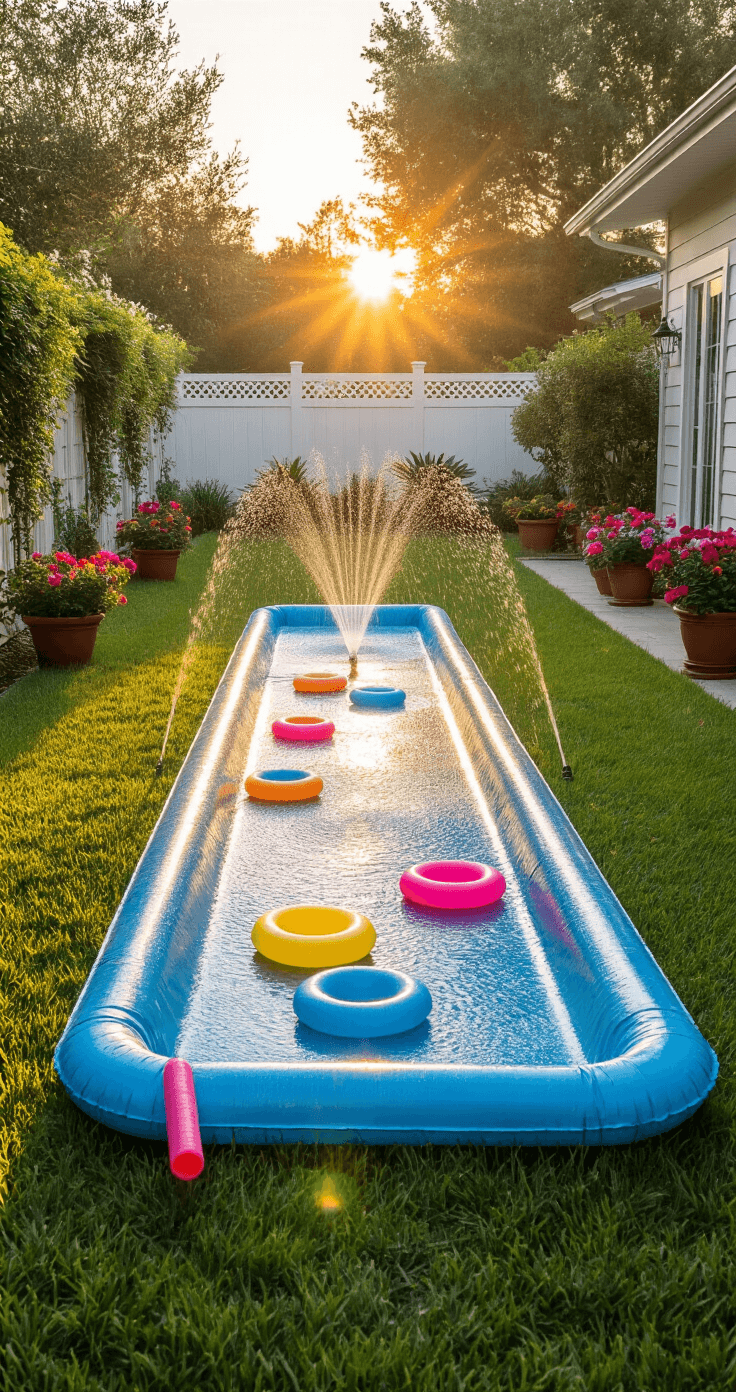 15 Epic Water Games for Kids That'll Make Your Summer Legendary (No Pool Required!) Panoramic view of an expansive backyard at magic hour, featuring a golden-lit emerald lawn with a silver slip-n-slide reflecting sunset rays, a prismatic sprinkler, a white wooden fence covered in jasmine vines, vibrant petunia planters, scattered colorful pool noodles, and an atmospheric mist from the sprinkler system.