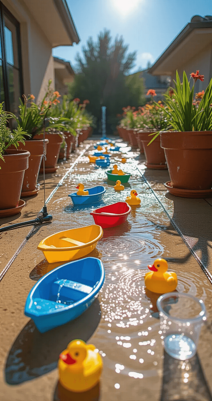 15 Epic Water Games for Kids That'll Make Your Summer Legendary (No Pool Required!) Intimate ground-level view of a creative water play station on a stamped concrete patio, featuring aluminum foil rivers, terracotta pots, colorful plastic boats, and rubber ducks, all under bright midday sunlight with sharp shadows and water droplets glistening.
