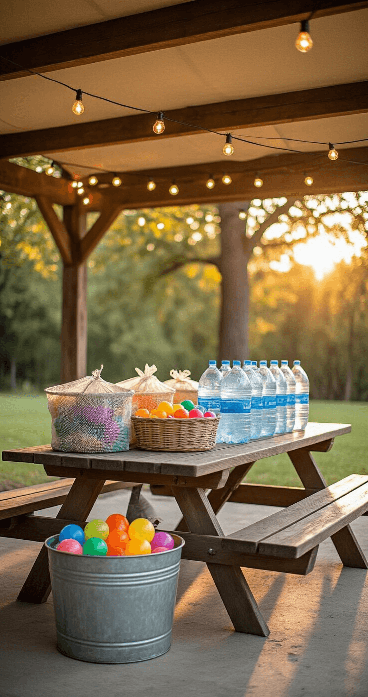 15 Epic Water Games for Kids That'll Make Your Summer Legendary (No Pool Required!) A rustic outdoor pavilion with wooden beams and string lights, featuring a picnic table set up with water game supplies, including water balloons and biodegradable dish soap, surrounded by vintage washtubs filled with ice and prizes, all presented in warm amber and sage green tones.