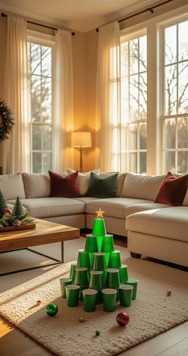 25 Christmas Minute to Win It Games That'll Turn Your Holiday Party Into Pure Magic Spacious living room set up for a party game, featuring warm golden hour light, modern sectional sofa, and a pyramid of green plastic cups on the hardwood floor, surrounded by holiday ornaments and cozy decor.