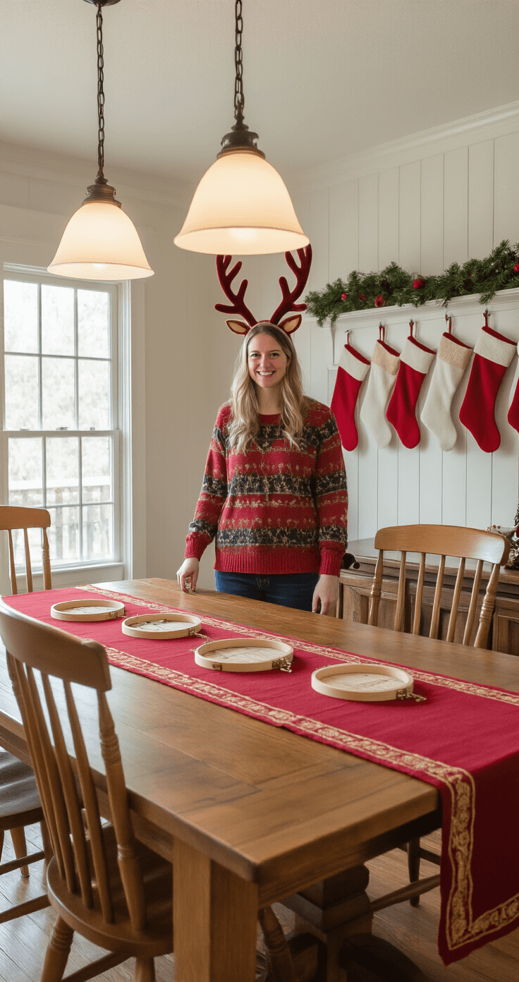 25 Christmas Minute to Win It Games That'll Turn Your Holiday Party Into Pure Magic A festive dining room transformed into a reindeer game zone, featuring a person in a plush reindeer antler headband at an oak table adorned with embroidery hoops, a deep red table runner, and holiday garland on cream-colored walls, with red and white stockings hanging on a built-in hutch, all illuminated by warm pendant lighting.