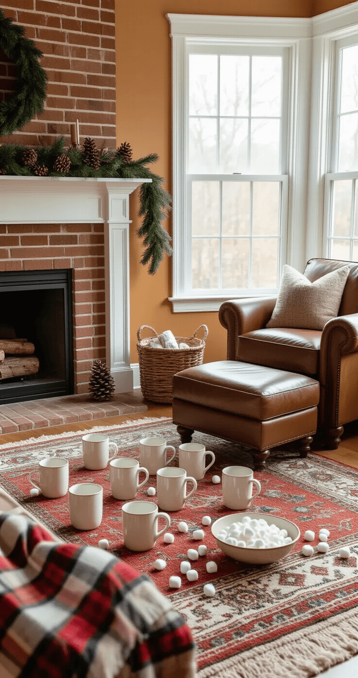 25 Christmas Minute to Win It Games That'll Turn Your Holiday Party Into Pure Magic A cozy family room with afternoon natural light showcasing a marshmallow toss setup, featuring ceramic holiday mugs on a Persian rug, a bowl of mini marshmallows on a side table, and a leather armchair near an exposed brick fireplace adorned with garland and pinecone decorations, all set against warm caramel walls.
