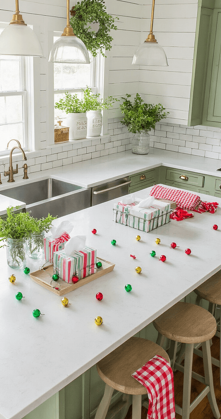 25 Christmas Minute to Win It Games That'll Turn Your Holiday Party Into Pure Magic Aerial view of a kitchen island transformed into a bell-shaking game station, featuring colorful ribbons on empty tissue boxes and silver jingle bells scattered across white quartz countertops. Surrounded by bar stools, the space showcases a subway tile backsplash, sage green cabinets with brass hardware, fresh greenery in mason jars, and red gingham towels, all illuminated by morning light.