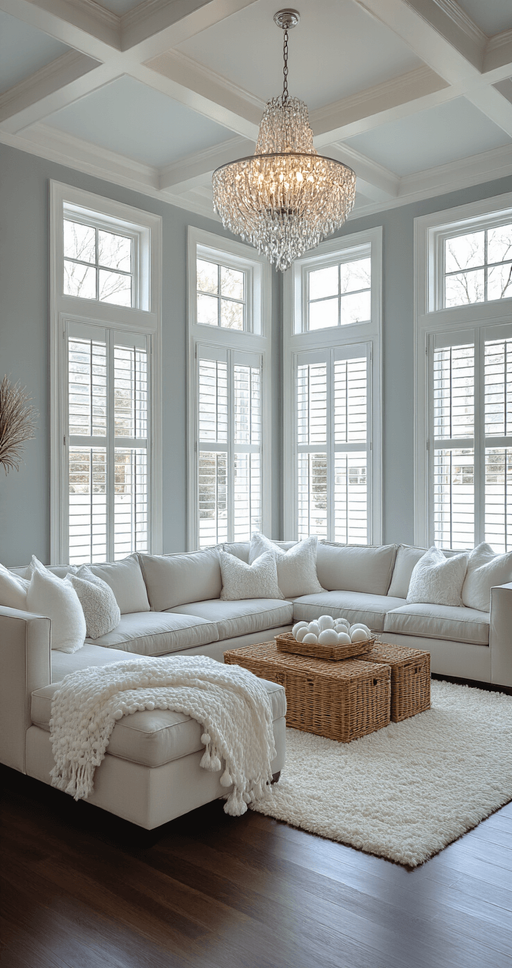 25 Christmas Minute to Win It Games That'll Turn Your Holiday Party Into Pure Magic A formal living room transformed into a winter-themed snowball accuracy range, featuring golden hour lighting through tall windows with plantation shutters, scattered white pom-poms on dark hardwood floors, wicker baskets at varying distances, an elegant gray sectional with white throw pillows, a coffered ceiling, soft blue-gray walls, a dimmed crystal chandelier, and silver and white holiday accents, viewed from an eye-level throwing position.