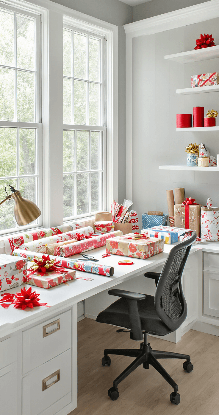 25 Christmas Minute to Win It Games That'll Turn Your Holiday Party Into Pure Magic A bright midday home office transformed into a gift-wrapping challenge zone, featuring a cleared desk with wrapped boxes, colorful wrapping paper rolls, scissors, and tape dispensers. An ergonomic chair is positioned for one-handed wrapping, with built-in white bookshelves and soft gray walls with white trim. Red and gold ribbon spools and scattered bows add to the scene, illuminated by natural light and a desk lamp, creating a focused atmosphere.