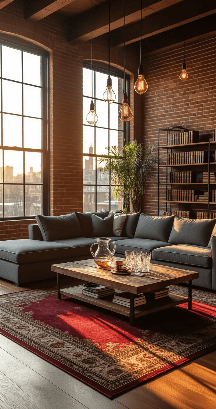 A modern living room featuring an exposed brick accent wall, large windows allowing warm amber sunlight to cast long shadows on polished hardwood floors, a charcoal gray sectional sofa, rustic reclaimed wood coffee table, and deep burgundy area rug, illuminated by industrial pendant lights with Edison bulbs, creating an inviting atmosphere.