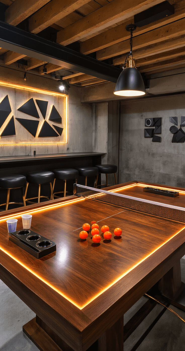 Close-up of a custom-built game table in a contemporary basement with warm LED lighting, showcasing a rich mahogany surface with cup holders and an integrated scorekeeper, surrounded by black leather bar stools. Background features matte black exposed beams, concrete walls with geometric art, and scattered orange ping pong balls, illuminated by industrial-chic pendant lights.