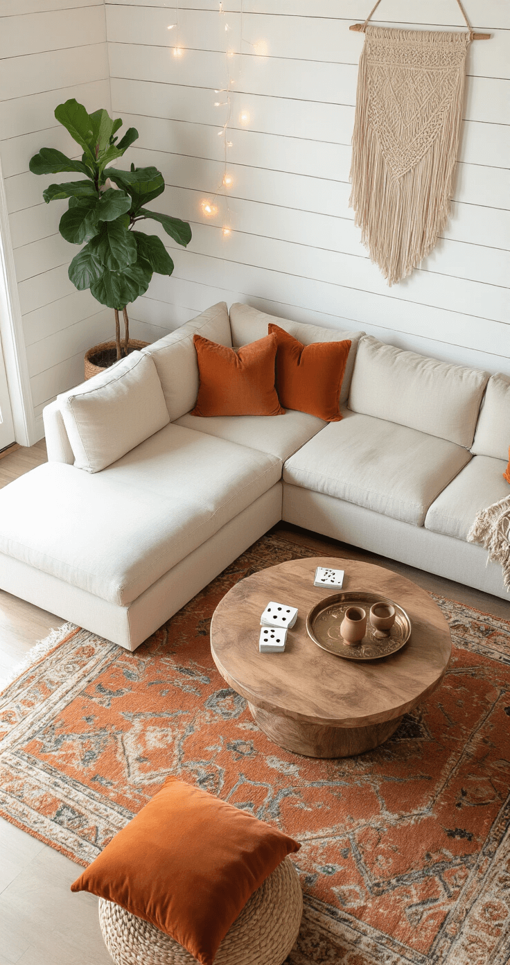 Overhead shot of a boho-chic living space with a low-profile sectional, round acacia coffee table, Moroccan-inspired rug, premium playing cards, artisan ceramic cups, and brass serving tray, enhanced by string lights and a fiddle leaf fig.
