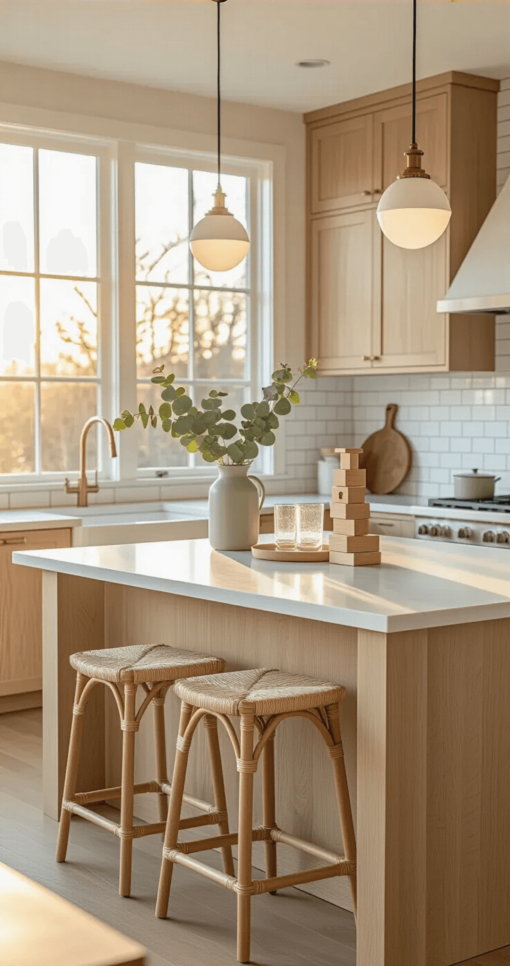 Eye-level view of a serene Scandinavian-minimalist kitchen island at sunset, featuring white quartz countertops, natural oak cabinetry, and a wooden Jenga tower; golden light streaming through clerestory windows enhances clean lines and organic textures. Decor includes sleek glassware, a matte sage green ceramic pitcher, natural rattan bar stools with cream cushions, a soft gray subway tile backsplash, brushed brass pendant lights with milk glass shades, and fresh eucalyptus in a simple white vase.