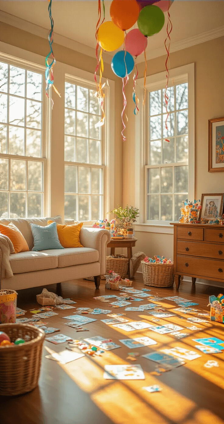 Bright living room decorated for a birthday party, featuring colorful streamers, pastel balloons, and treasure hunt clues scattered on the hardwood floor, illuminated by golden sunlight streaming through large windows. Prizes hidden behind frames and cushions create a joyful and anticipatory atmosphere.