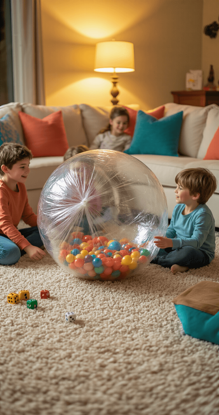 A cozy family room with children eagerly gathered around a large ball made of saran wrap, sitting on a plush carpet. Warm lamplight casts a golden glow on their excited faces, while a cleared coffee table holds the oversized sphere filled with small toys and colorful candy. Nearby, oven mitts and dice are scattered on a cream sectional sofa adorned with teal and coral accent pillows, complemented by wooden side tables. The scene captures genuine reactions and anticipation in intimate, warm lighting.