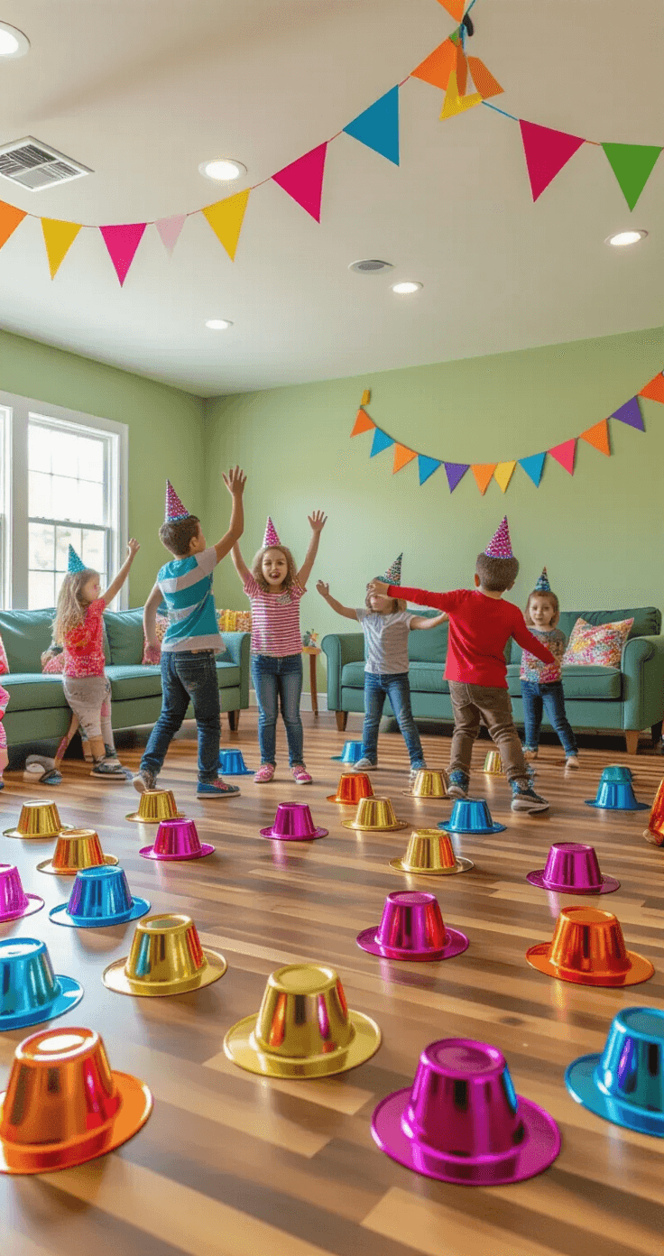 A lively party room with children mid-movement during a musical hats game, surrounded by colorful metallic party hats on hardwood floors, modern furniture along sage green walls, and vibrant banner decorations overhead, all captured in high-key lighting.