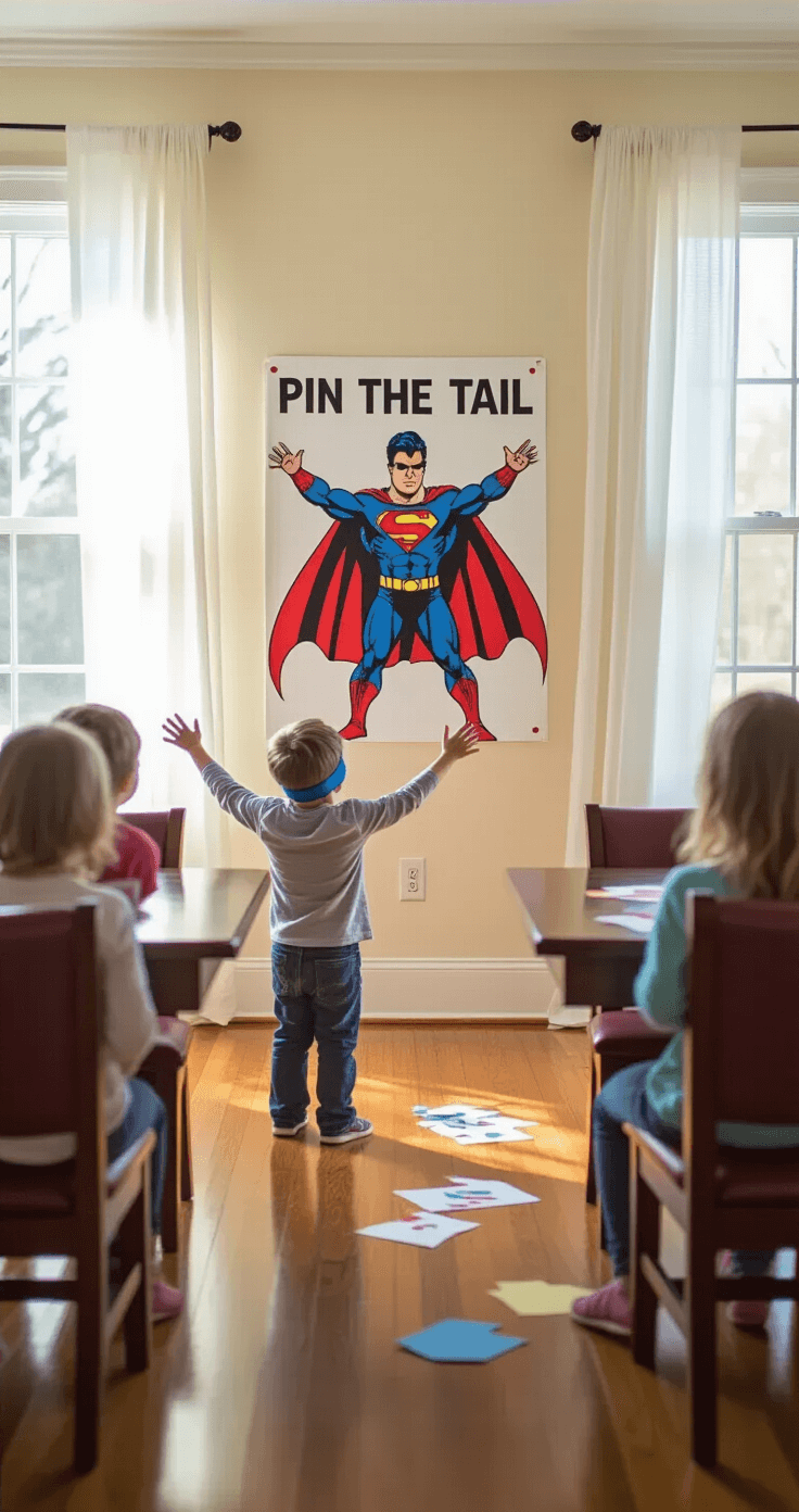 A blindfolded child reaches out with outstretched arms, approaching a superhero poster in a transformed dining room set up for a pin the tail game, while other children watch excitedly from burgundy chairs. The scene is illuminated by soft morning light filtering through sheer curtains, with scattered construction paper cape pieces on hardwood floors and a dark wood table pushed aside.