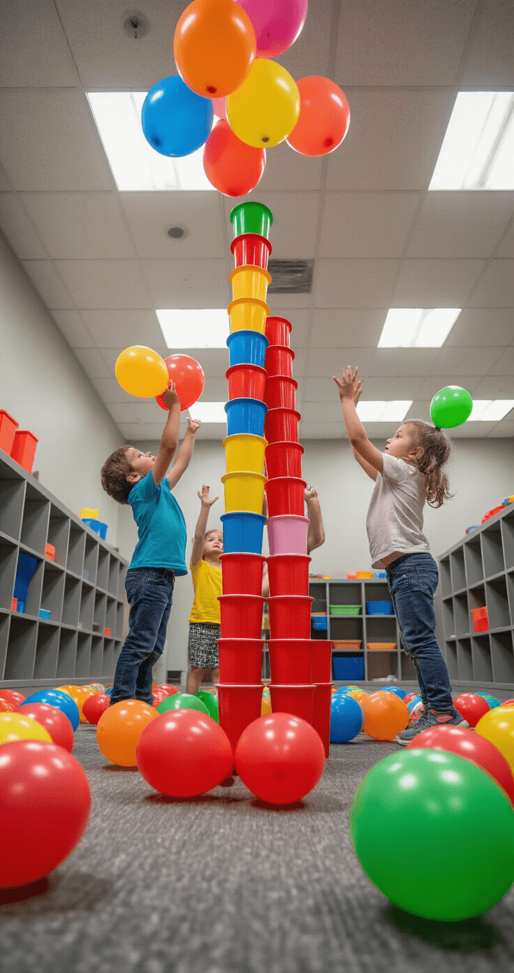 Children in action in a vibrant playroom, balancing colorful balloons on their heads while stacking red plastic cups, surrounded by scattered rainbow balloons on the gray carpet, with modern storage cubes in the background and bright fluorescent lighting illuminating the scene.