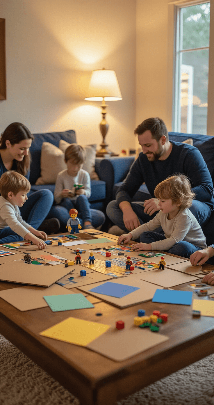 DIY Board Games: How to Create Your Own Fun Family Game Night Adventures A warm family living room illuminated by golden table lamps, featuring a large coffee table cluttered with DIY board game supplies. Parents and children sit on a plush carpet, engaged in crafting, with colorful materials scattered around them. The cream walls and navy blue sectional sofa create an inviting atmosphere of family bonding.