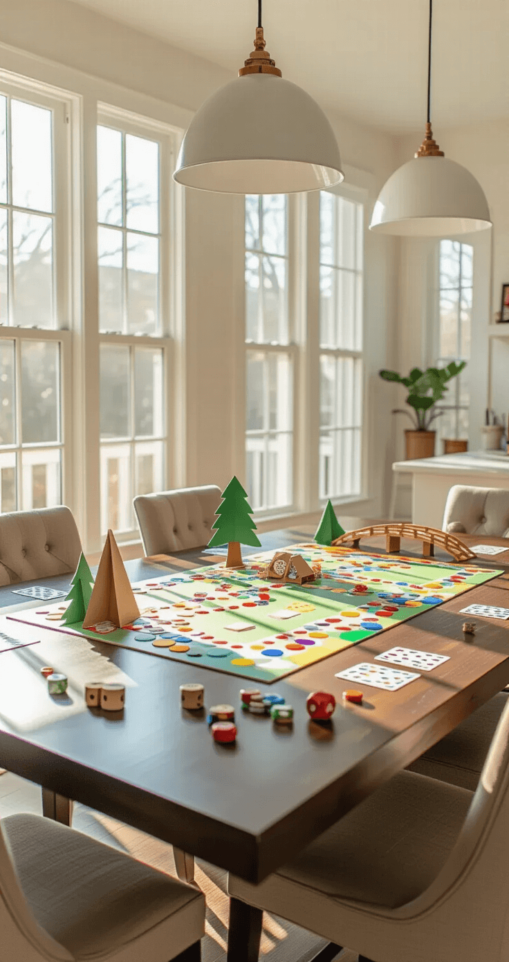 DIY Board Games: How to Create Your Own Fun Family Game Night Adventures Spacious modern dining room with afternoon sunlight illuminating a homemade board game on a dark walnut table, featuring colorful construction paper paths, 3D cardboard trees, laminated action cards, and vintage dice, surrounded by upholstered chairs and contemporary pendant lights.