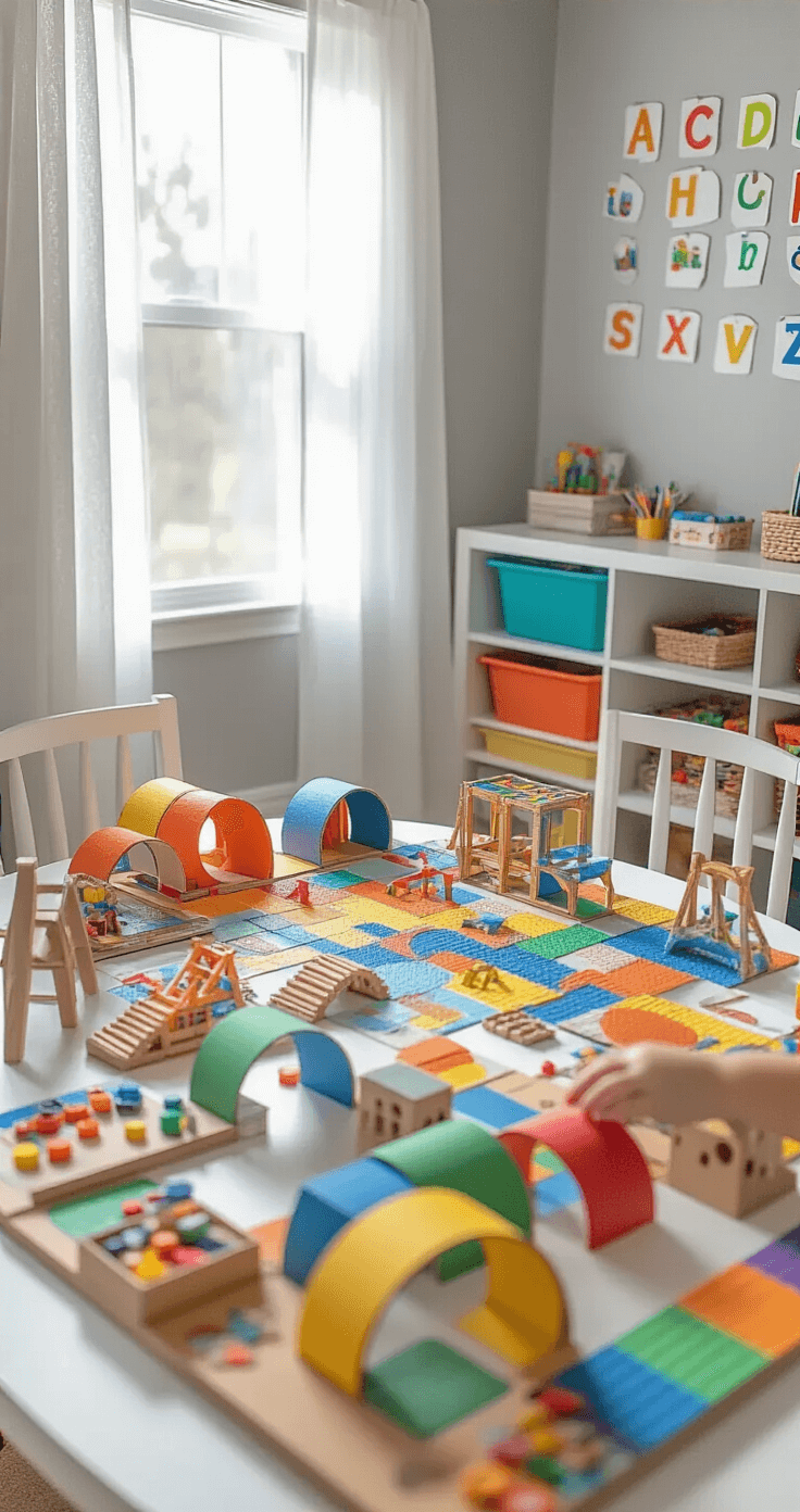 DIY Board Games: How to Create Your Own Fun Family Game Night Adventures Bright child's bedroom corner with natural light illuminating a colorful play table featuring an elaborate 3D board game. The game includes cardboard tunnels and miniature bridges in primary colors. Soft gray walls and colorful storage bins frame the scene, showcasing craft supplies in rainbow containers. A close-up captures small hands reaching for game pieces, creating a playful, educational atmosphere.