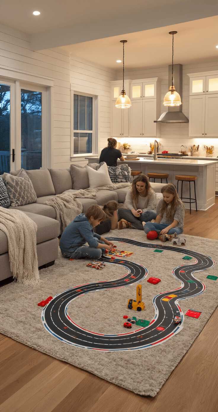 DIY Board Games: How to Create Your Own Fun Family Game Night Adventures An evening scene of an open-concept family room with warm pendant lighting, featuring a large game spread on hardwood floors with kids playing around a colorful race track. A sectional sofa is pushed back with scattered throw pillows and cozy blankets nearby, while parents watch from kitchen bar stools with ceramic mugs. The modern farmhouse style includes a shiplap accent wall and a neutral color palette accented by vibrant game colors.