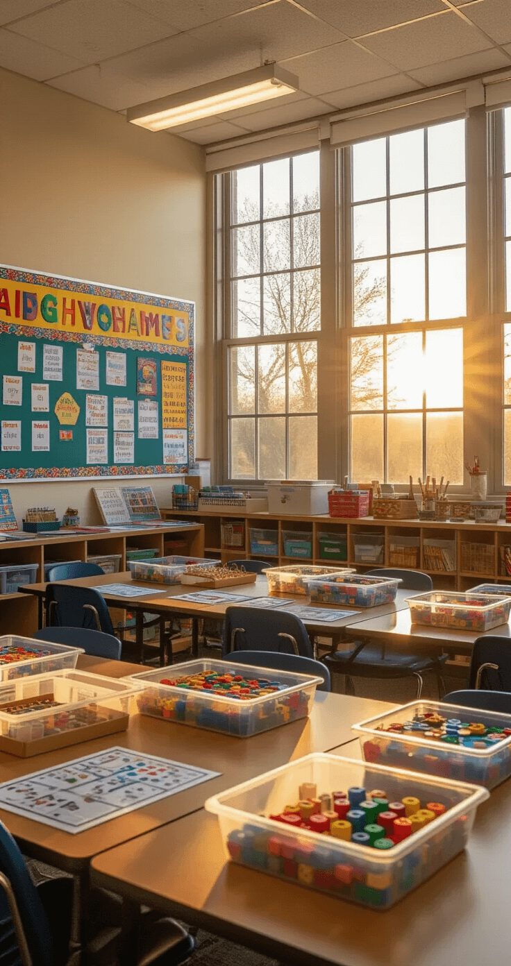 DIY Board Games: How to Create Your Own Fun Family Game Night Adventures A classroom bathed in golden hour light, showcasing student desks in collaborative clusters, various DIY educational board games, colorful bulletin boards, and organized craft materials, captured from an overhead angle to highlight creative teaching resources.