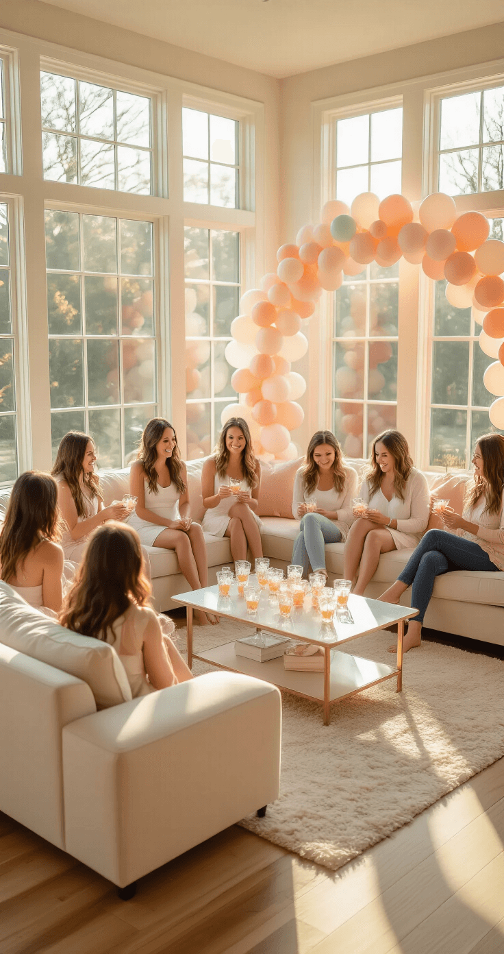 The Most Fun Baby Shower Games That'll Have Your Guests Crying From Laughter A bright, modern living room set up for a baby shower, featuring guests seated in a semicircle on a cream sectional sofa and blush pink chairs. The golden hour light filters through large windows, illuminating crystal glasses with ice cubes and tiny plastic babies. Soft area rugs cover hardwood floors, and a pastel balloon arch frames the bay windows as the guests laugh and enjoy their drinks.