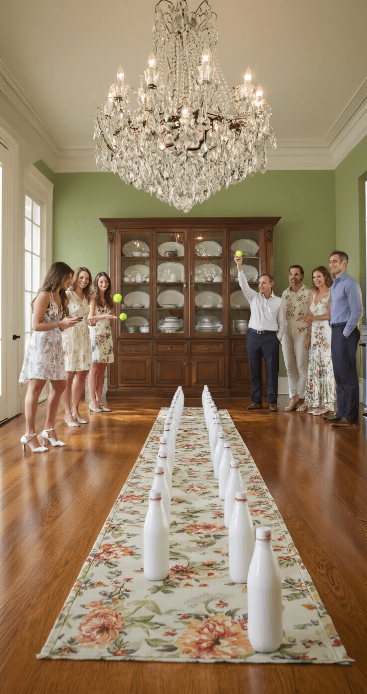 The Most Fun Baby Shower Games That'll Have Your Guests Crying From Laughter A spacious dining room with warm pendant lighting features ten white baby bottles arranged as bowling pins on a polished oak floor, while elegant guests cheer from sage green walls. An elegant woman in heels, holding a tennis ball, stands ready to play beneath a sparkling crystal chandelier and near a built-in china cabinet displaying fine dishes.